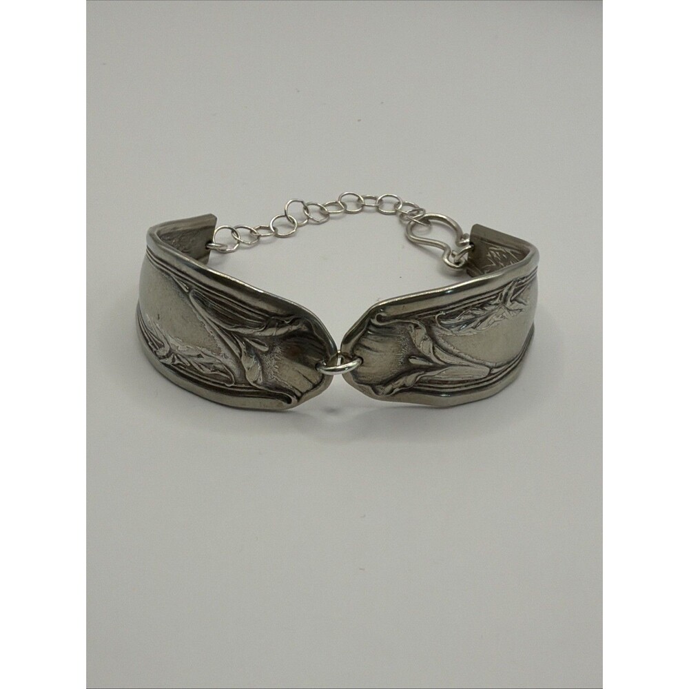 Vintage Silver Flatware Bracelet Floral Art Nouveau Spoon Handle Cuff Calla Lily - Picture 15 of 15